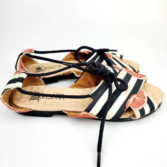 INSECTA Black white Striped Orange Fruit UNISEX Vegan Flats M 6.5 W 7.5 Peep Toe - Picture 8 of 11